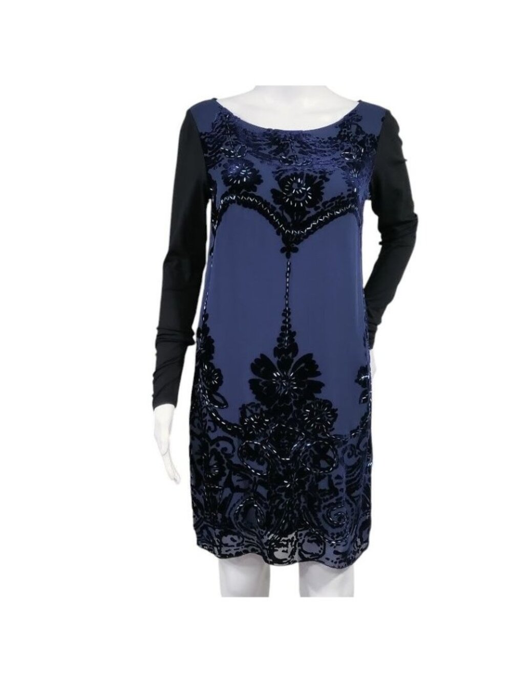 NWT Hale Bob Beaded Elisa Velvet Dress Burnout Long Sleeve Shift Blue Women's XS - Picture 2 of 14